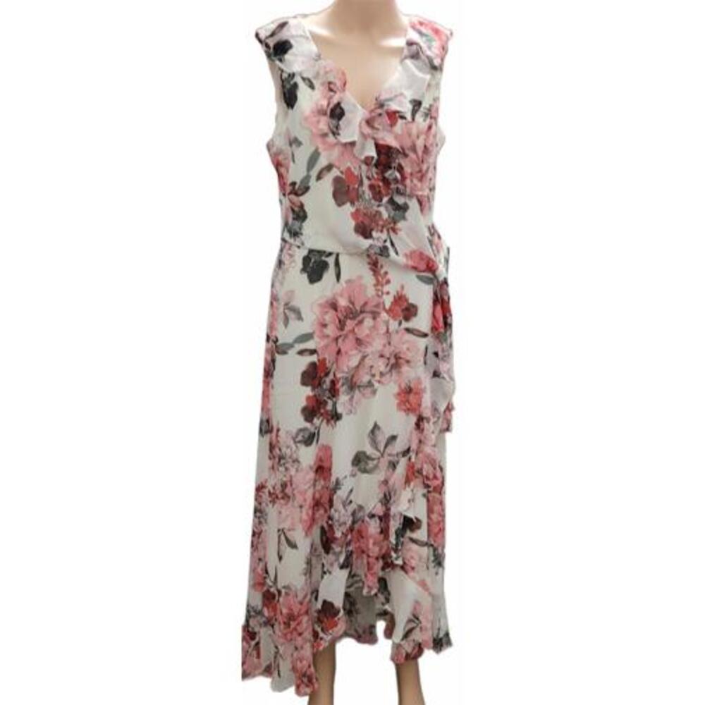 London Times Women's Ruffle Detail Faux Wrap Tie Midi Floral Print Dress Size 6